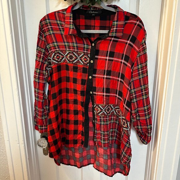 Caleous Red/Black Multi Plaid Print Women's Button Down-Size 1X - Picture 1 of 6